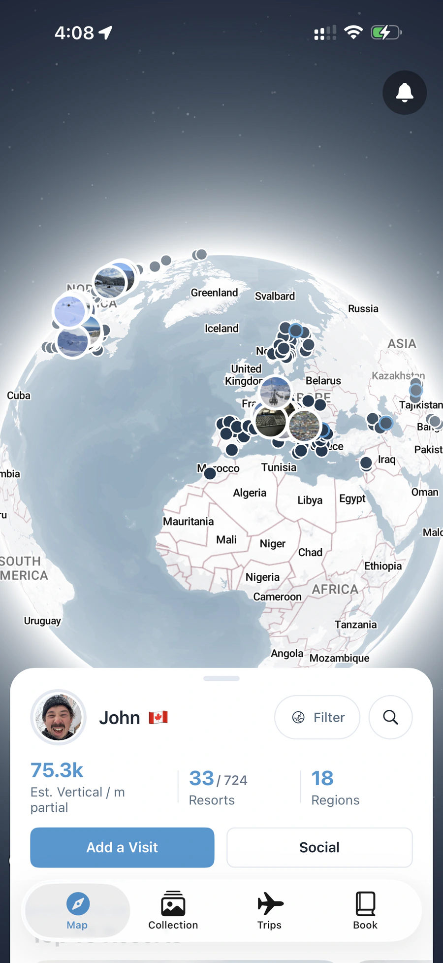 Slopestory showing visited resorts and mountain memories on the world map